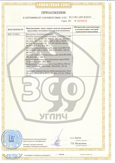 Сертификат соответствия на пневматические молотки, перфораторы, трамбовки